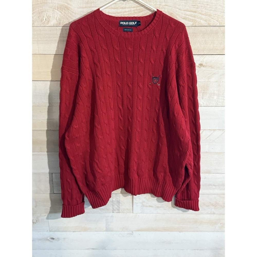 Vintage Ralph Lauren Golf Cable Knit LS Red Sweater Men's Size XL Fast Shipping